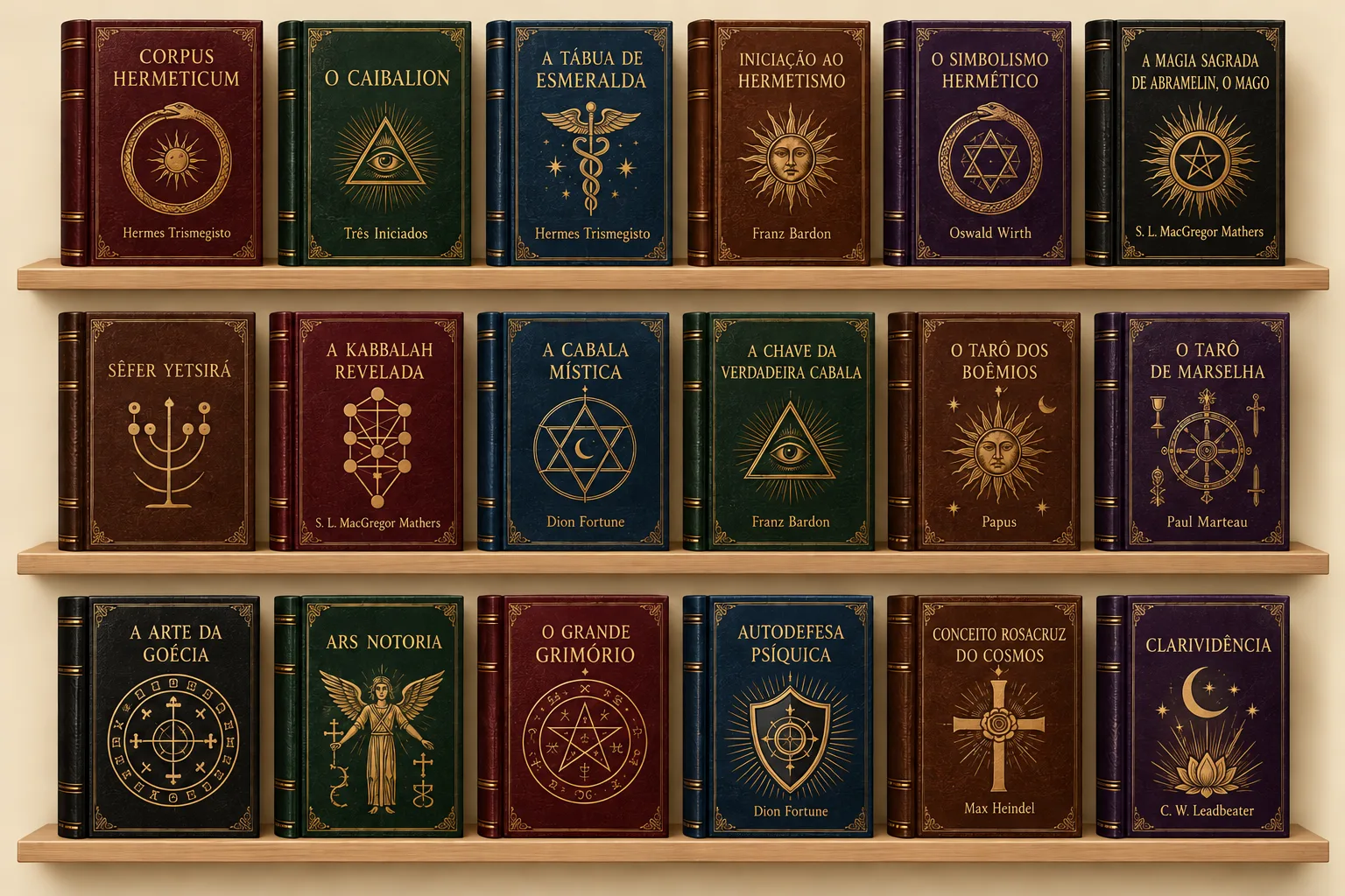 Estante com clássicos do acervo: Corpus Hermeticum, O Caibalion, A Tábua de Esmeralda e outros